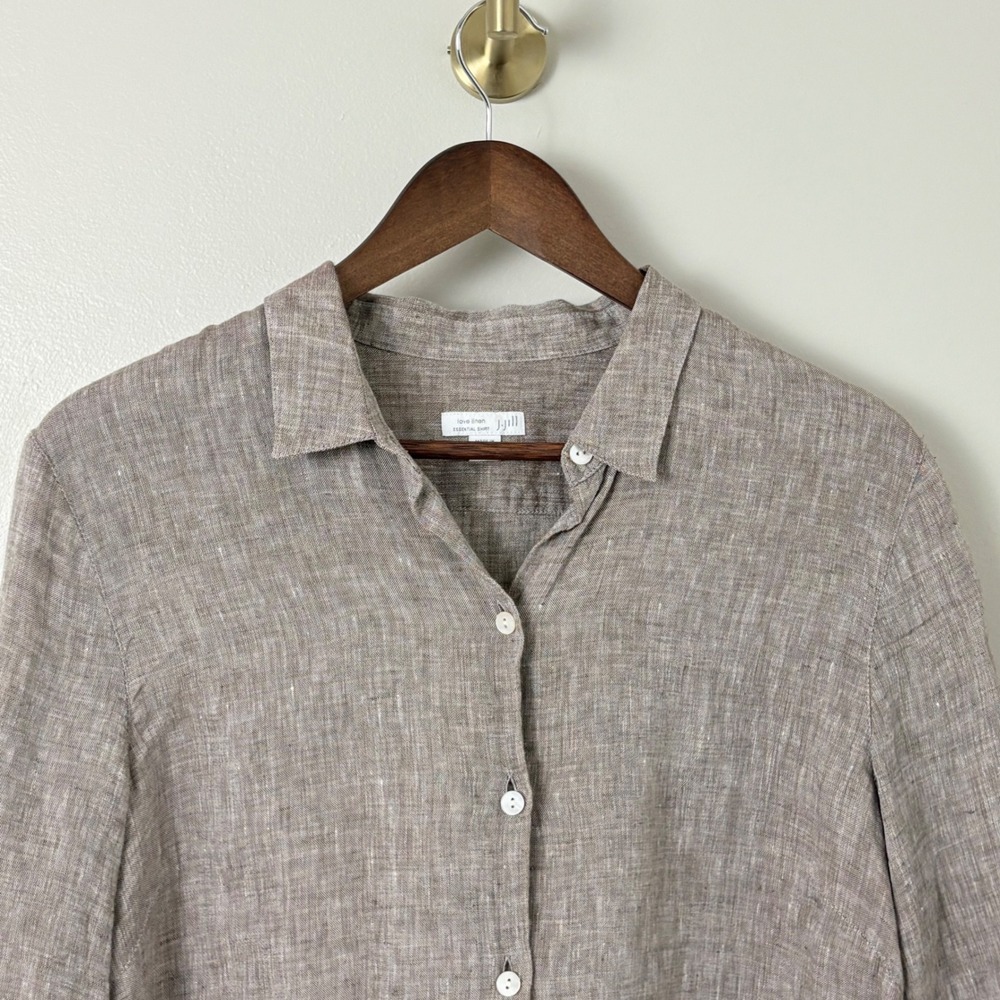 J Jill Love Linen Essential Button Up Shirt Taupe Brown M Light Beach Vacation